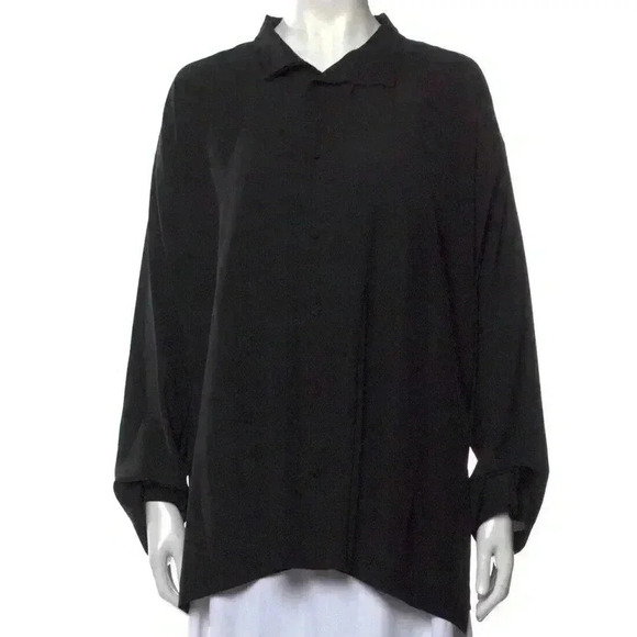NEW Eskandar 1 100% Silk A-Line Stand Collar Button Up Blouse Shirt Top Black - Picture 2 of 8